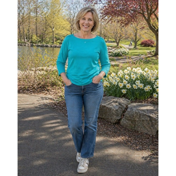 Jones New York Tops - Jones New York Sport Aqua Blue 3/4 Sleeve Boat Neck Top Size Large 100% Cotton